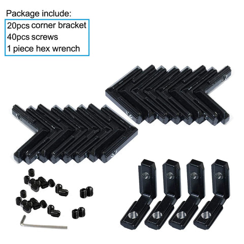 20Pcs L Shape Corner Brackets For 20 Series Aluminum Extrusion with screws and wrench, black zinc alloy, displayed in set