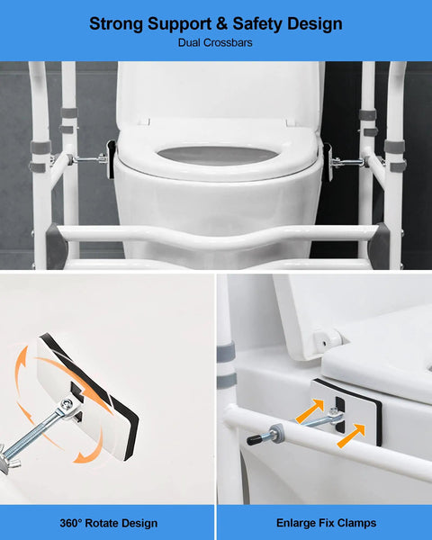 Toilet Safety Rails With Adjustable Handles And Grab Bars For Elderly And Handicap, 300 Lbs Capacity, dual crossbars