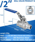 Two Pack Half Inch Full Port Ball Valve With NPT Male Female Threads Forged From Tough 304 Stainless Steel Absolute Workhorse Design Rated For One Thousand PSI On Water Oil Gas Lines With Reliable Locking Handle image showing dimensions and specifications.