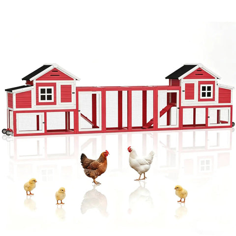 Extra Large Outdoor Chicken Coop With Run And Wheels For Six To Ten Chickens, includes red mobile hen house with nesting boxes