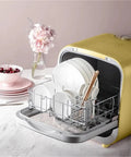 Portable Countertop Dishwasher Featuring No Fuss Quick Wash Cycles And Smart Energy Savers with clean dishes organized in stainless rack.