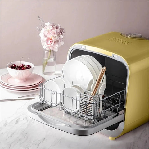 Portable Countertop Dishwasher Featuring No Fuss Quick Wash Cycles And Smart Energy Savers with clean dishes organized in stainless rack.