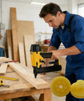 Heavy Duty Replacement Head Valve For Pneumatic Nailers featuring Tough As Nails construction used by a worker on wood.
