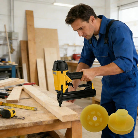 Heavy Duty Replacement Head Valve For Pneumatic Nailers featuring Tough As Nails construction used by a worker on wood.