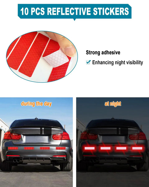 Image showing Dope Carbon Fiber Look License Plate Frames 2 Pack Matte Black Aluminum Car Tag Holder With Mount Screws Caps Rattle Proof Pads And Reflective Stickers Universal Front And Rear Fit reflective stickers enhancing visibility day and night.