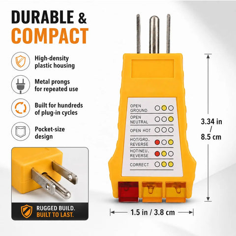 Outlet Tester For North American AC Outlets Fast Wiring Diagnosis Detects Open Ground Reverse Polarity Open Hot Open Neutral Hot Ground Reversed And GFCI Functionality Test, 3.34 in yellow plastic