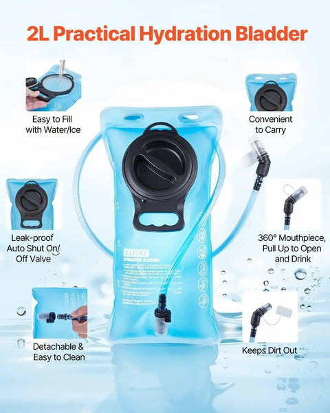 Hydration Backpack With 2L Water Bladder, 25L Large Capacity Daypack For Hiking, Cycling, Running And Outdoor Adventures, Leakproof TPU Reservoir illustrating bladder features and valves