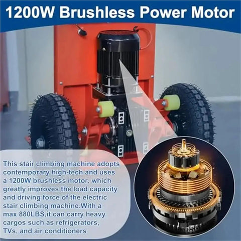 Super Heavy Duty Motorized Stair Climber Hand Truck With 880 Lbs Capacity Electric Dolly Cart For Moving Furniture And Machinery Fast motor close-up showing 1200W brushless power motor.