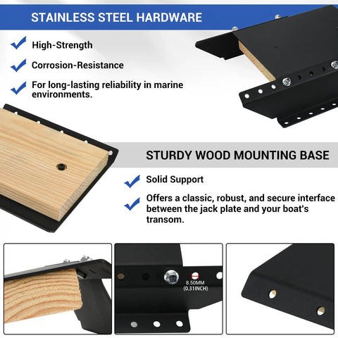 4 Inch Setback Outboard Jack Plate For Small Boats Up To 35 HP With Manual Height Range From Zero To One Hundred Millimeters In Twenty Millimeter Increments From Engine To Transom And Wooden Mounting Block Included Compatible With Yamaha Mercury Honda, stainless steel hardware and wood base