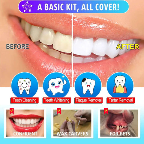 Before and after smiling teeth, plaque and tartar removal effects, Six Piece At Home Dental Hygiene Kit overview with benefits icons