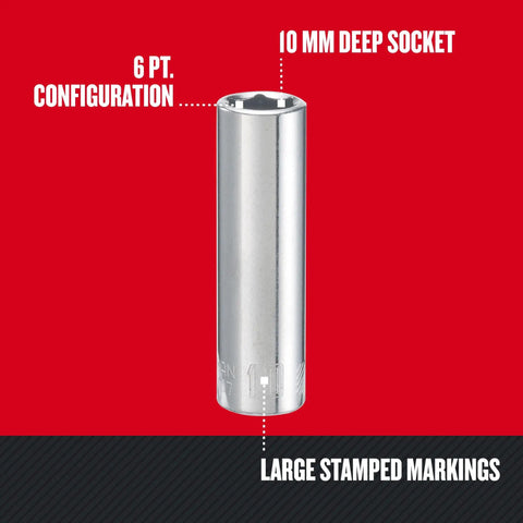 Deep Socket 10mm Metric, 1/4 Inch Drive, 6 Point, Chrome Finish with Large Markings, corrosion resistant and increased torque