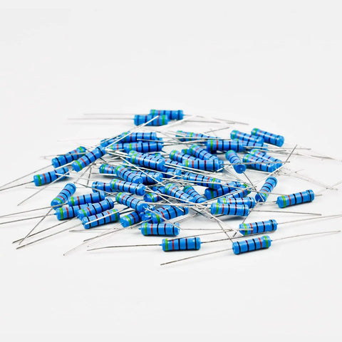 Pro Grade 2W Metal Film Resistor Assorted Kit, 250 Pieces, scattered resistors with color bands on a white background