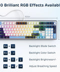 Wired Full Size Mechanical Gaming Keyboard with 104 Keys and Premium Metal Volume Knob Featuring Five Layer Sound Dampening for Hella Smooth Taps and Fire Rapid Response Time displaying RGB effects and key functions.