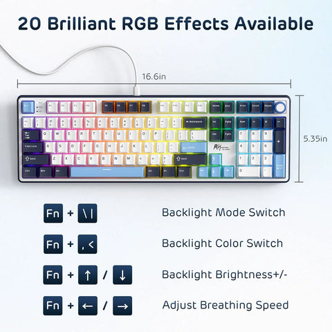 Wired Full Size Mechanical Gaming Keyboard with 104 Keys and Premium Metal Volume Knob Featuring Five Layer Sound Dampening for Hella Smooth Taps and Fire Rapid Response Time displaying RGB effects and key functions.