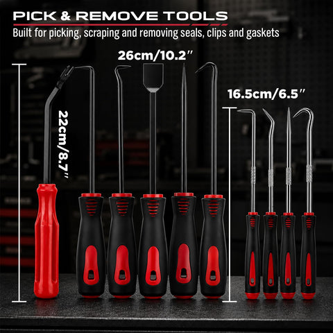 15 Piece Pick And Hook Tool Set For Auto Repair With Magnetic Pickup, featuring various sized tools with red and black handles