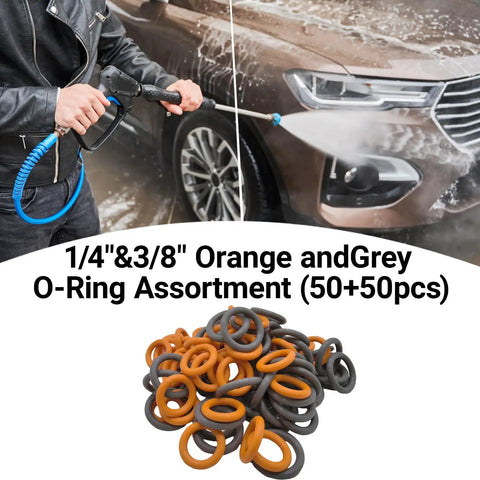 Ultimate 100-Piece Pressure Washer O-Rings Kit for M22 14mm Quick Connect Couplers shown with orange and grey rings