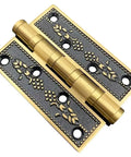 Heavy Duty Solid Brass Door Hinges With Smooth As Butter Swinging Ball Bearings And Rock Solid Construction Plus Mounting Screws For Top Notch Wood Doors And Thick Gates In Rich Gold Tone on a decorative floral background.