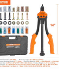 Pro Grade 14 Inch Lever Rivet Nut Tool Kit With 7 Mandrels And 70 Assorted Rivet Nuts For 10-24, 1/4-20, M6, 5/16-18, M8, 3/8-16, M10 In Durable Rugged Carrying Case showing kit contents.