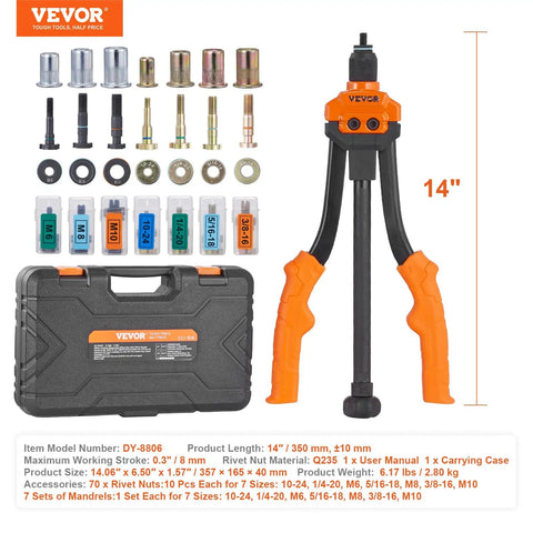 Pro Grade 14 Inch Lever Rivet Nut Tool Kit With 7 Mandrels And 70 Assorted Rivet Nuts For 10-24, 1/4-20, M6, 5/16-18, M8, 3/8-16, M10 In Durable Rugged Carrying Case showing kit contents.
