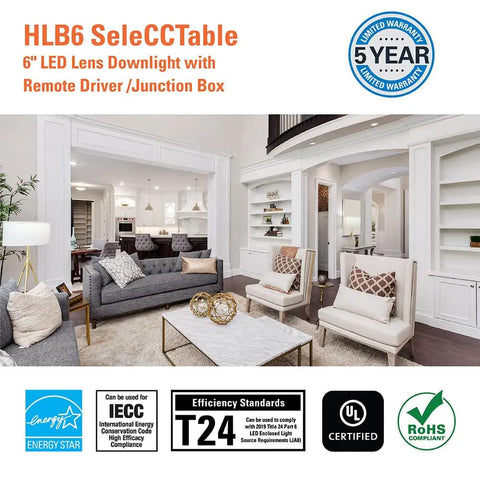 Living room with Ultra Slim 6 Inch LED Recessed Light Canless, dimmable with selectable color temperatures, in matte white.