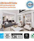 Modern living room with Six Inch LED Recessed Light Canless Kit Dimmable With Selectable Color Temperatures installed in ceiling