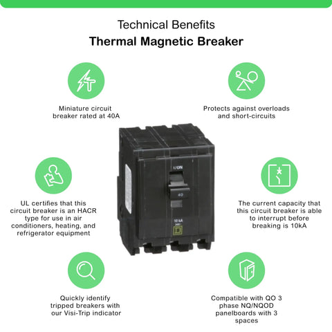 QO340CP Circuit Breaker Black With VisiTrip Indicator Plug On Design, thermal magnetic breaker with technical benefits text