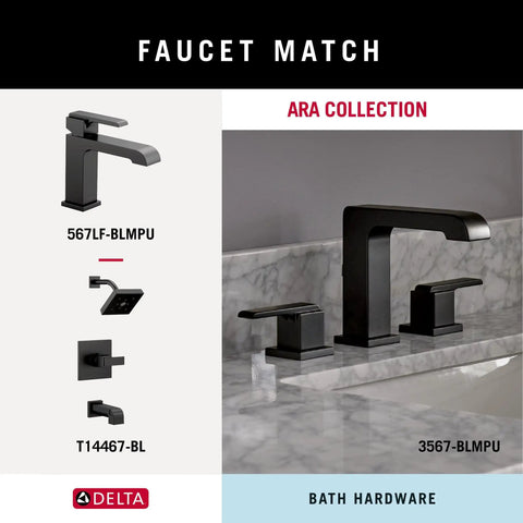 Modern matte black faucet set from Ara Collection on marble countertop, featuring two handles and sleek design in black finish.