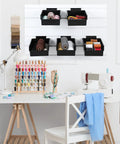 Six Pack Slatwall Bins With Hooks Set For Wall Mounted Storage And Organization Of Tools Accessories Office Garage And Workshop Gear In Black Finish Kit installed with craft supplies.