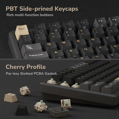 PBT side-printed keycaps of Wireless Mechanical Keyboard With Gasket Mount And Hot Swappable Pale Green Switches showing Cherry profile and per-key gasket.