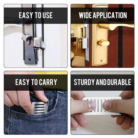 Compact Travel Door Lock For Hotels And Apartments, Easy Install Portable Security Device demonstrated on doors and carrying pocket
