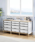 Premium 12 Drawer Storage Cabinet With Wooden Top And White Plastic Bins For Hella Organized Home Offices in a bright room, displaying storage options.