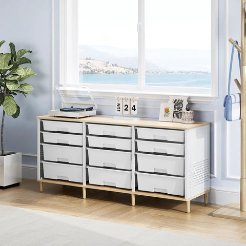 Premium 12 Drawer Storage Cabinet With Wooden Top And White Plastic Bins For Hella Organized Home Offices in a bright room, displaying storage options.