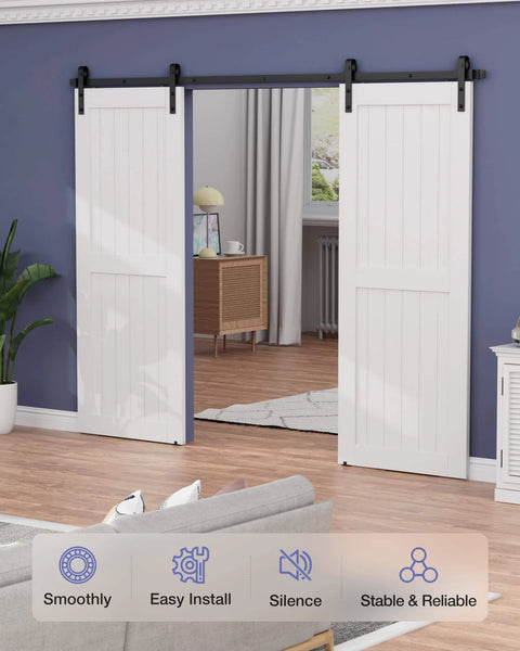 Heavy Duty 14 Ft Barn Door Hardware Kit For Double Doors, Black Sliding Track system installed in living room, white doors