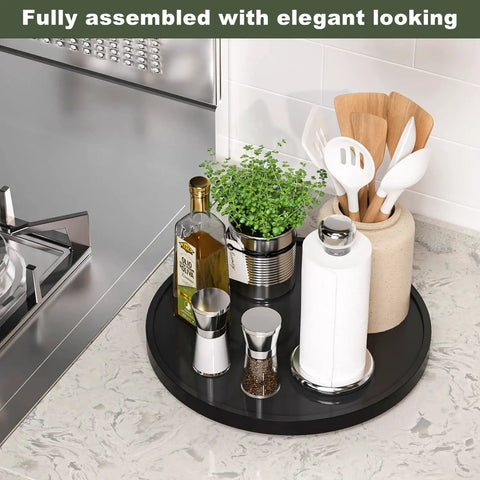 Your Go To Non Skid Bamboo Lazy Susan Turntable For Kitchen Countertops And Tables 13.2 Inch Wood Organizer In Black with condiments