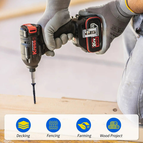 Person using a drill with No 10 Deck Screws, 2-1/2 Inch, Epoxy Coated Carbon Steel, Rust Resistant Black Finish for outdoor woodworking.