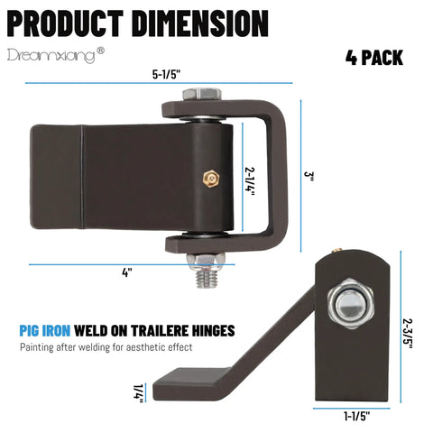 Heavy Duty Trailer Hinges Four Pack With Grease Zerk Fittings Strap Style Short Leaf Gate Hinges For Dump Trucks And Trailers Built Tough From Pig Iron For Easy Fit And Longevity Welding Or Bolt On Install No Grinding Needed, 4 pack dimensions
