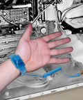 Anti Static Wrist Strap For ESD Grounding in use, adjustable band securing hand while working on open computer case internals
