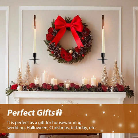 Upgrade Your Digs With These Dope Black Metal Wall Candle Sconce Holder Set Of Two Featuring Removable Taper And Pillar Disks For A Chill Cozy Ambiance above a festive mantel with a wreath.