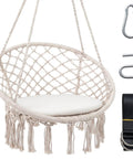 Beige Macrame Swing Chair With Round Seat Cushion, Indoor Outdoor Hanging Hammock Chair, Durable Polyester Cotton Ropes And Sturdy Metal Rings