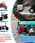 Mini bike hydraulic disc brake kit installation with 180mm rotor and caliper for Baja DB30, Doodle Bug, Blitz, and Racer models.