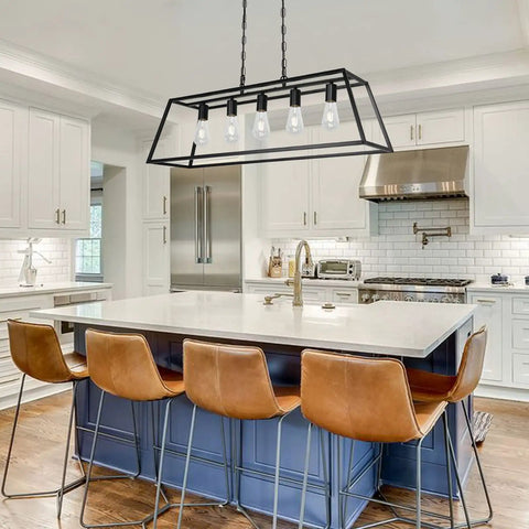 Modern Black Farmhouse Kitchen Island Light Chandelier With Industrial Open Frame 5 Light Ceiling Fixture over kitchen island