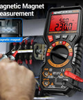 Magnetic 20000 Count TRMS Digital Multimeter with Auto Ranging measuring AC voltage on a metallic surface using magnetic adsorption.