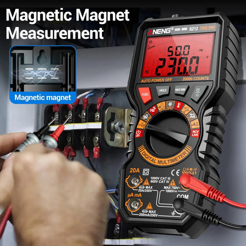 Magnetic 20000 Count TRMS Digital Multimeter with Auto Ranging measuring AC voltage on a metallic surface using magnetic adsorption.