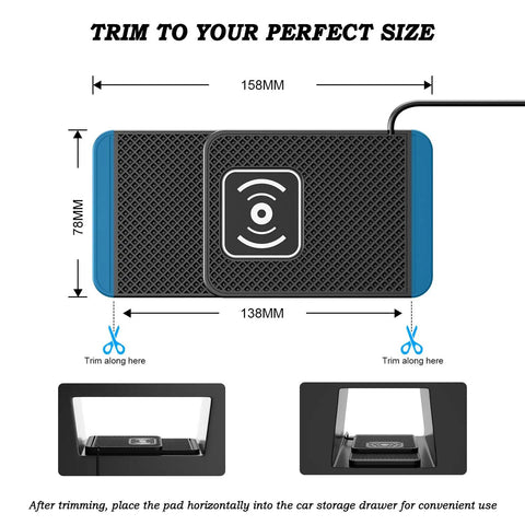 Smooth Ride Wireless Charging Pad dimensions and trim instructions for 20W Fast Charge Dashboard Mat use.