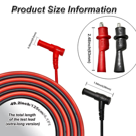 Pro Grade 49 Inch Silicone Multimeter Lead Kit With Gold Plated Probes, Alligator Clips And 0.8mm Back Probe Needles, cable close-up