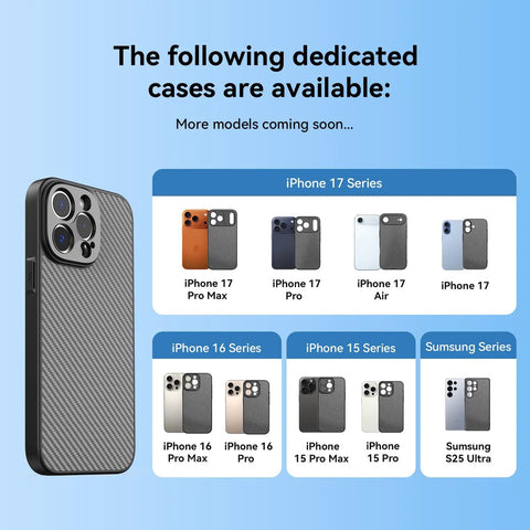 Image showing a smartphone with dedicated cases for iPhone 17, iPhone 16 series, iPhone 15 series, and Samsung S25 Ultra.