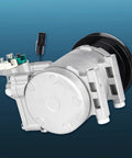Slick New AC Compressor With Clutch For Hyundai Elantra Tiburon Tucson 2.0L 2001 2009 angled view showing connectors and pulley.