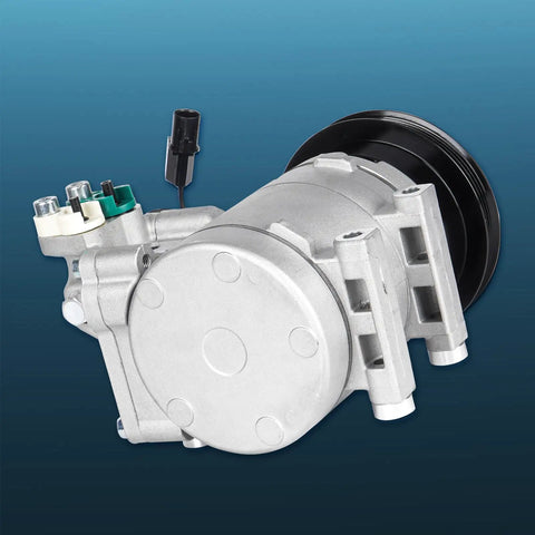 Slick New AC Compressor With Clutch For Hyundai Elantra Tiburon Tucson 2.0L 2001 2009 angled view showing connectors and pulley.