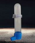 Auto Bird Feeder And Water Dispenser With Clear Polymer Reservoir Clip On Cage Rack Gravity System For Budgies Cockatiels And Parakeets No Sweat Setup Keeps Em Good Daily, clear tube with blue base.