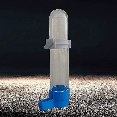 Auto Bird Feeder And Water Dispenser With Clear Polymer Reservoir Clip On Cage Rack Gravity System For Budgies Cockatiels And Parakeets No Sweat Setup Keeps Em Good Daily, clear tube with blue base.